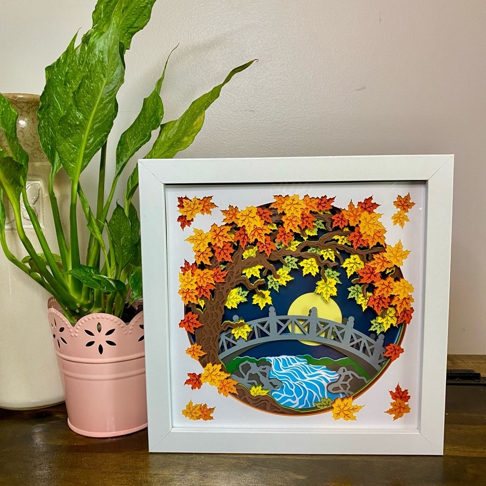 3D Autumn Fall Tree Bridge Shadowbox
